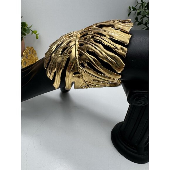 ZARA Gold Leaf Statement Cuff Bracelet Sculptural Openwork Wide Bangle Bold Maxi - Picture 3 of 11